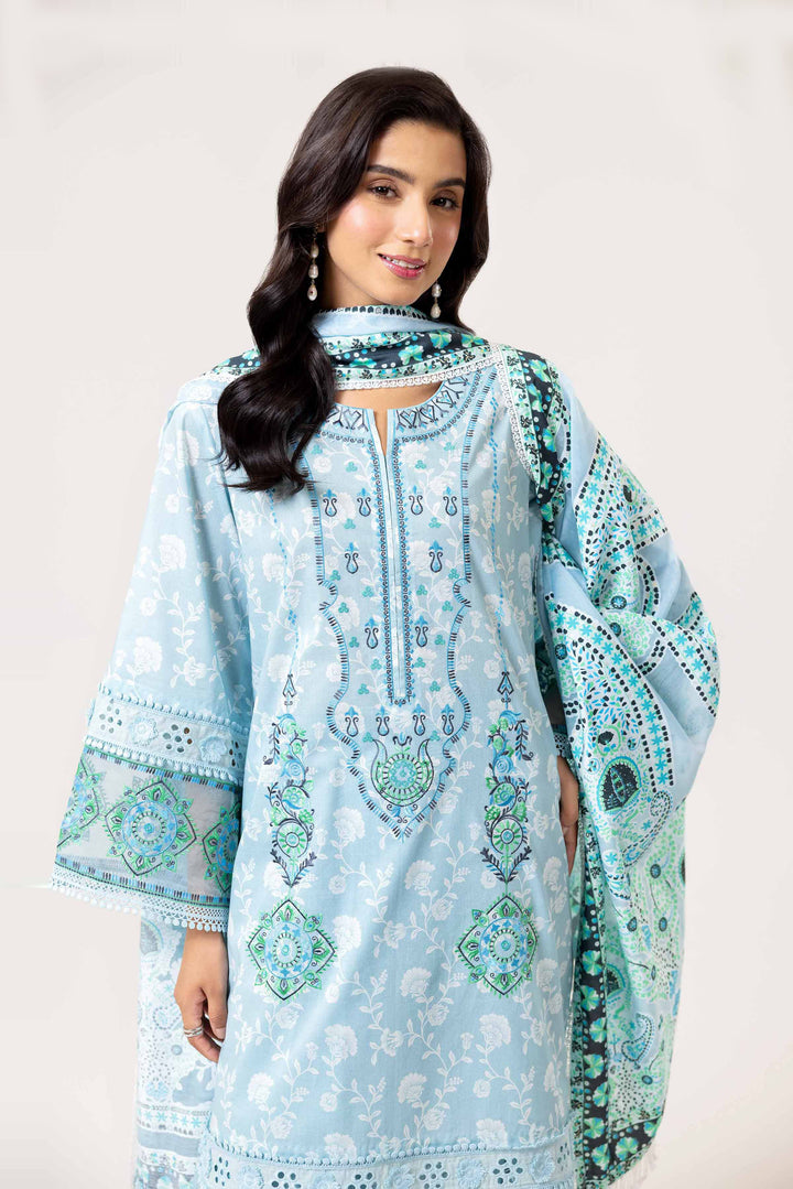 3 Piece Printed Embroidered Suit Light Greenish Blue