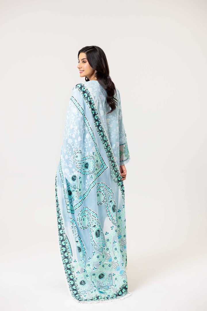 3 Piece Printed Embroidered Suit Light Greenish Blue