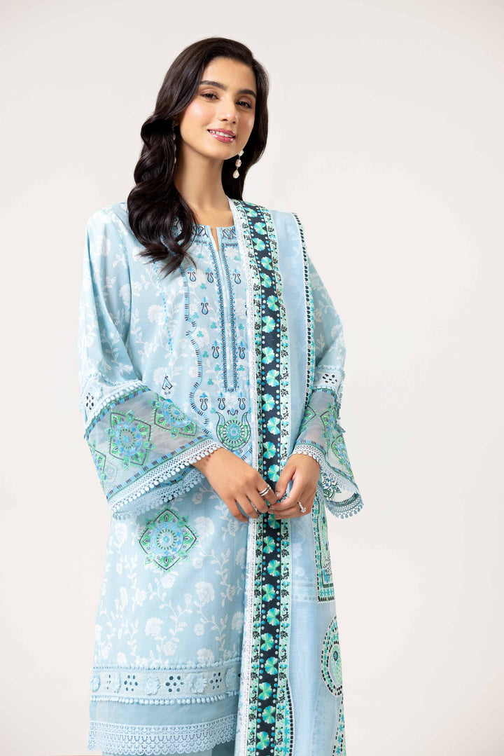 3 Piece Printed Embroidered Suit Light Greenish Blue