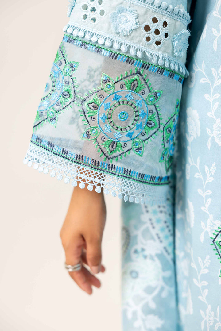 3 Piece Printed Embroidered Suit Light Greenish Blue