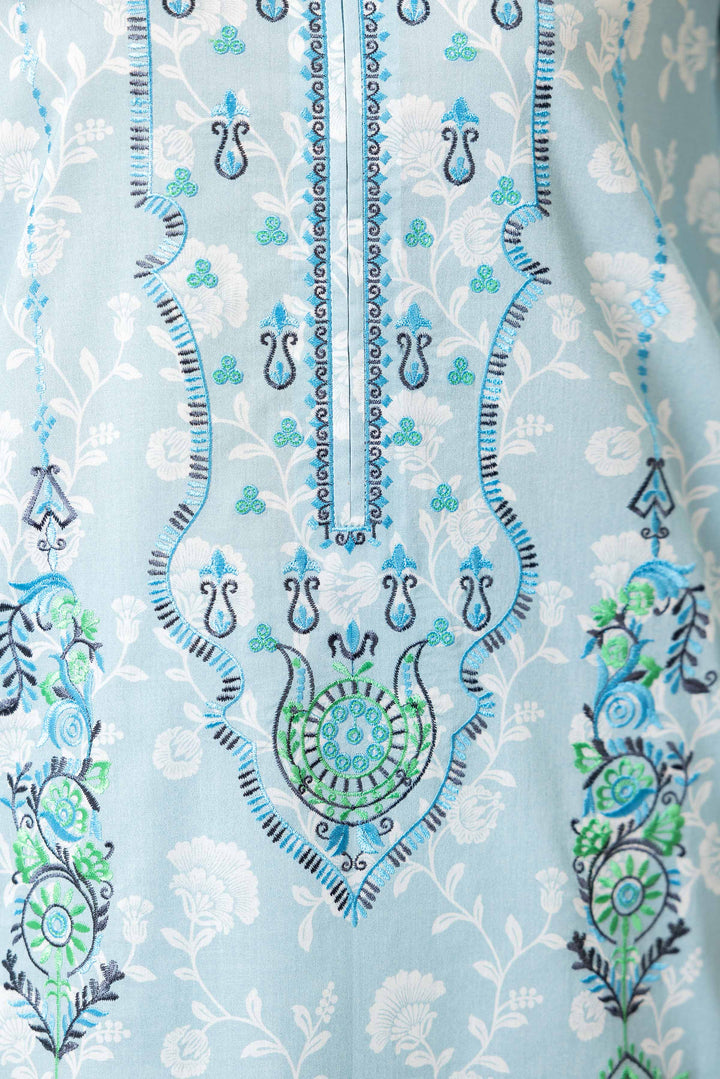 3 Piece Printed Embroidered Suit Light Greenish Blue