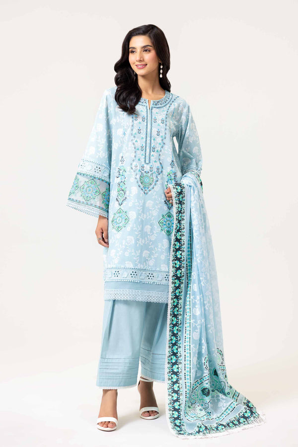 3 Piece Printed Embroidered Suit Light Greenish Blue