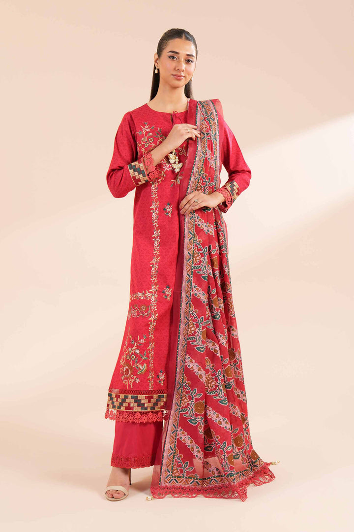 3 Piece Printed Embroidered Suit Red