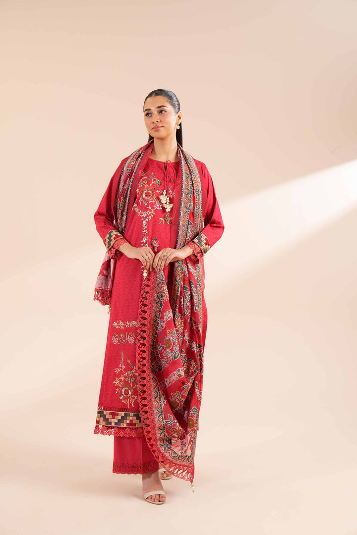 3 Piece Printed Embroidered Suit Red