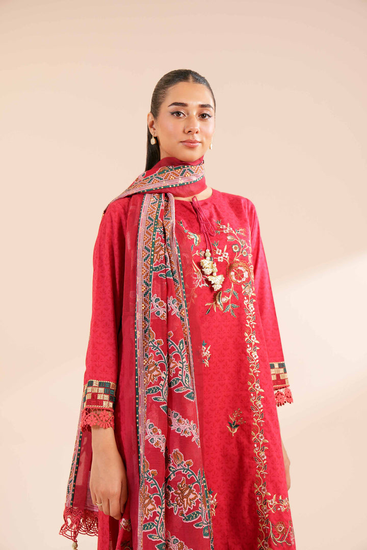 3 Piece Printed Embroidered Suit Red