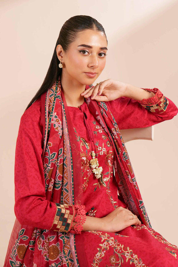 3 Piece Printed Embroidered Suit Red