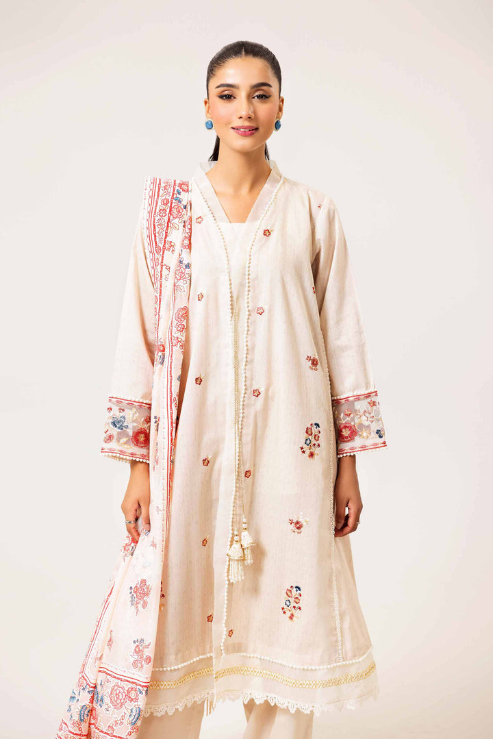 3 Piece Printed Embroidered Suit Beige