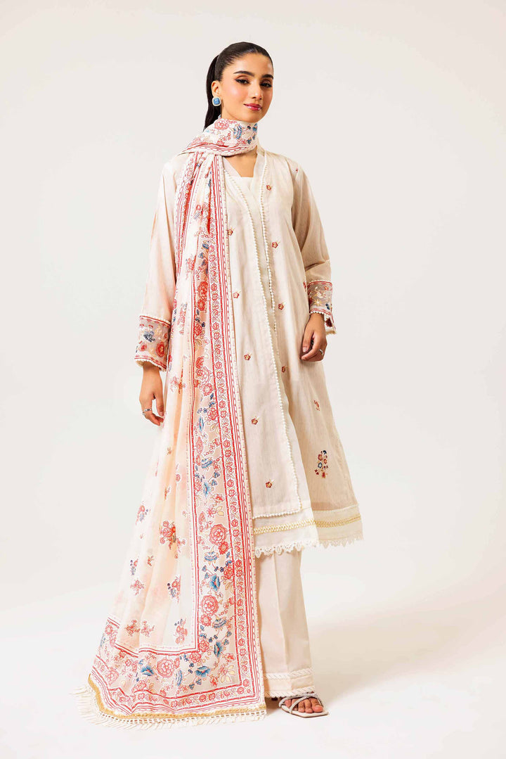 3 Piece Printed Embroidered Suit Beige