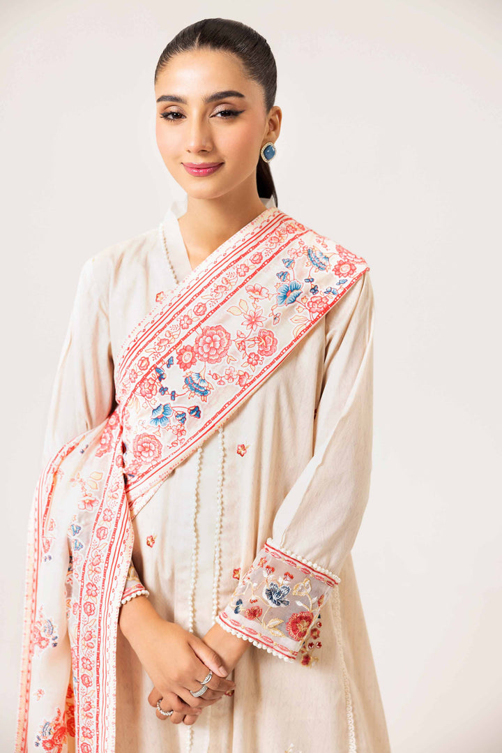 3 Piece Printed Embroidered Suit Beige