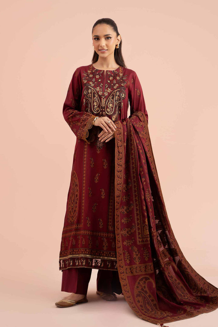 2 Piece Jacquard Embroidered Suit Maroon