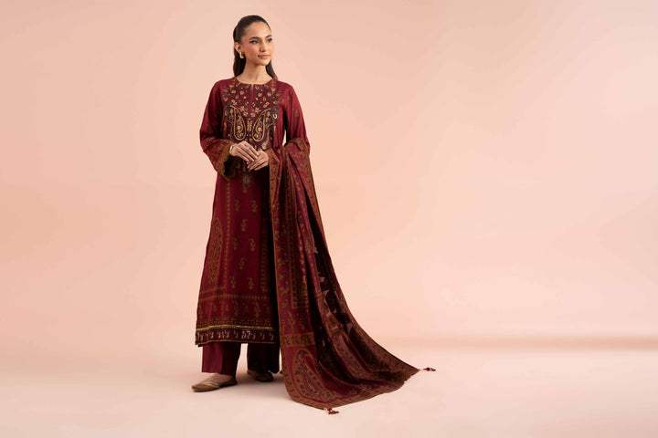 2 Piece Jacquard Embroidered Suit Maroon