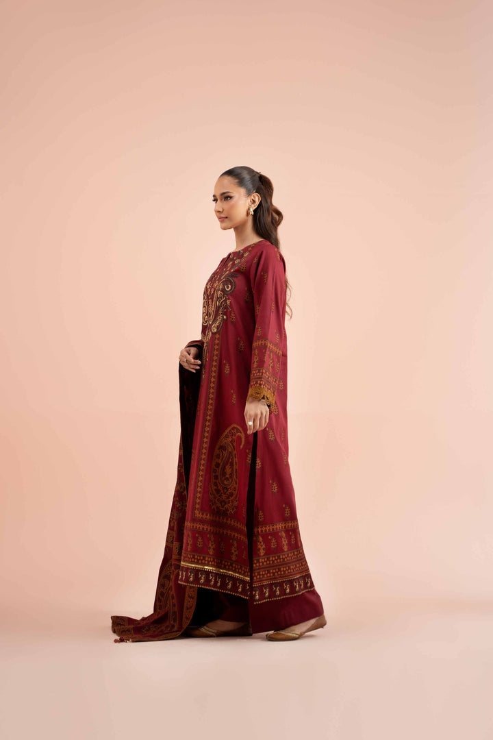 2 Piece Jacquard Embroidered Suit Maroon