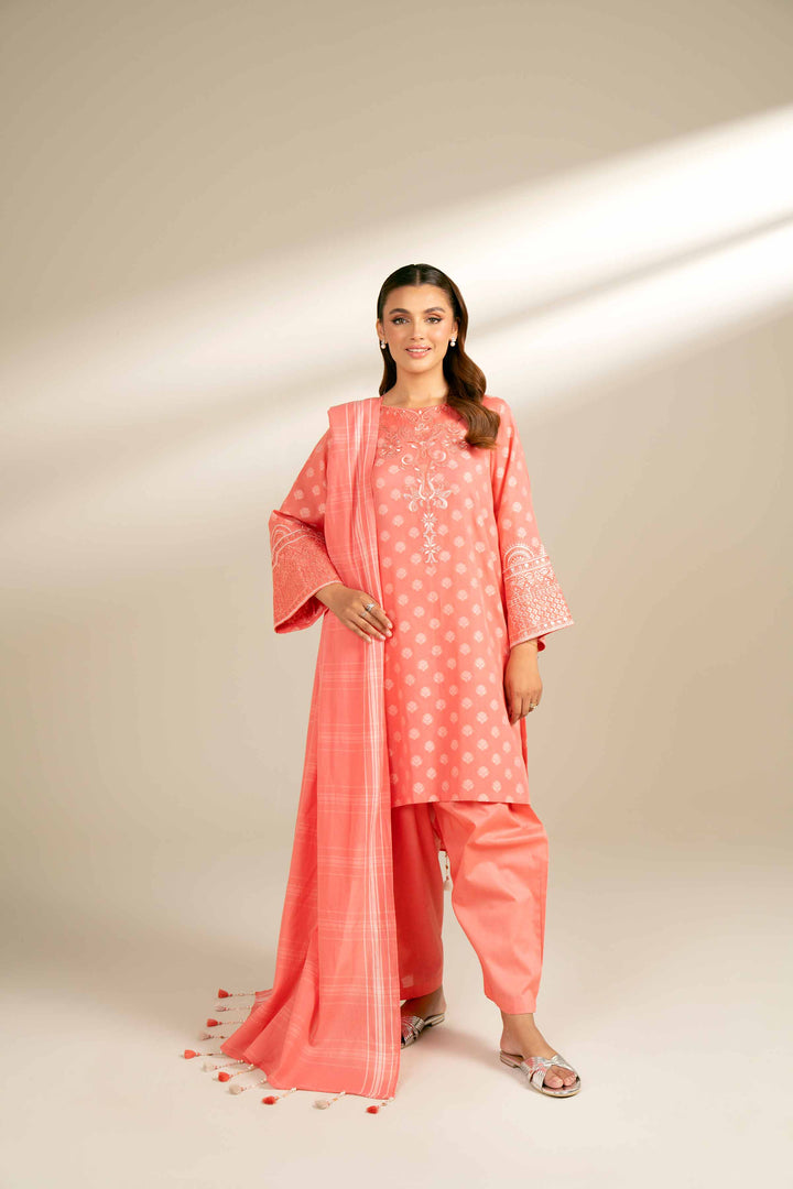 3 Piece Yarn Dyed Embroidered Suit Coral