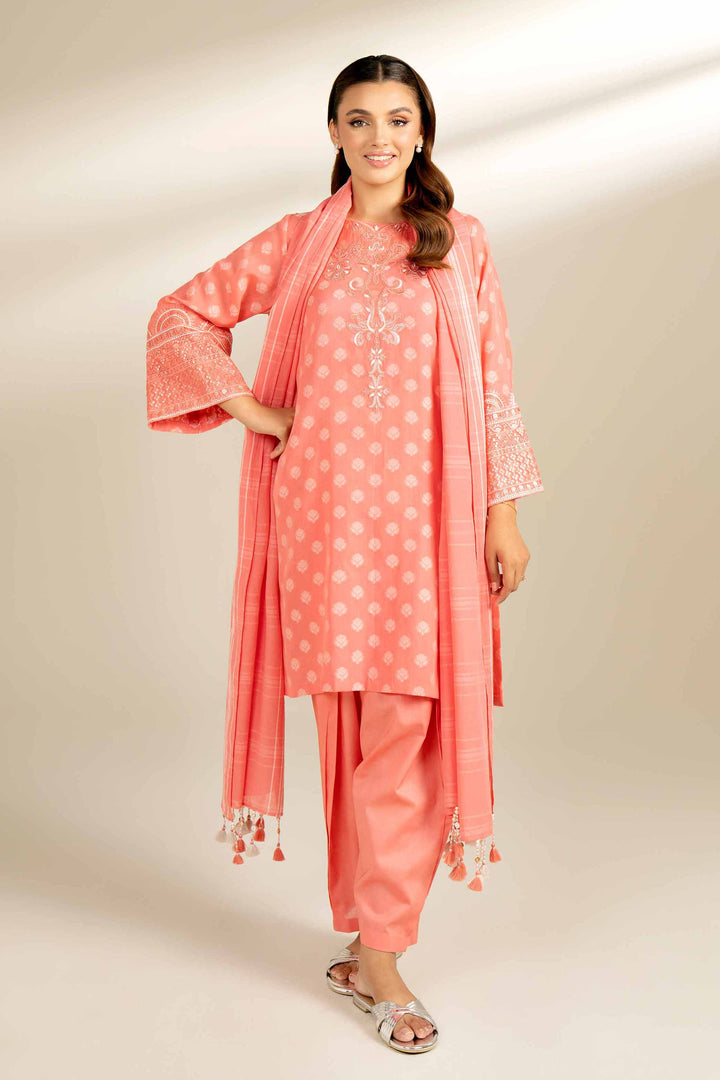 3 Piece Yarn Dyed Embroidered Suit Coral