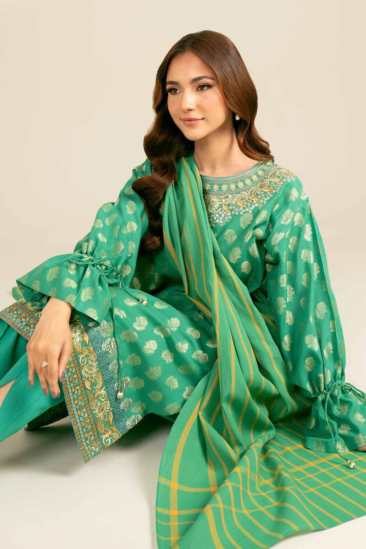 3 Piece Yarn Dyed Embroidered Suit Sea Green