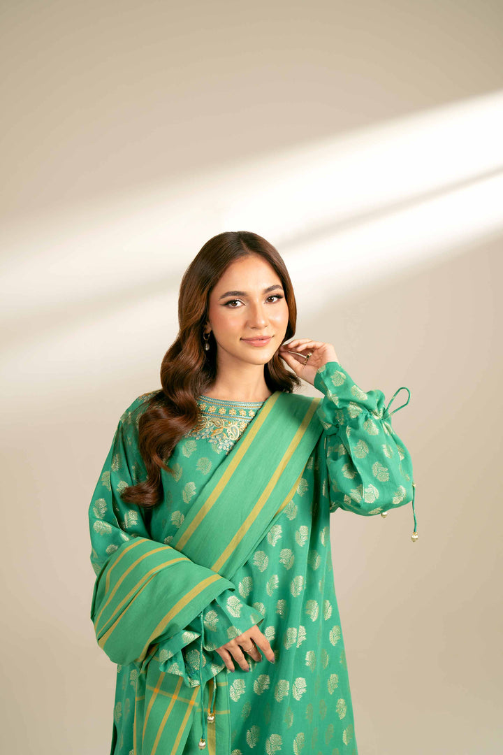 3 Piece Yarn Dyed Embroidered Suit Sea Green