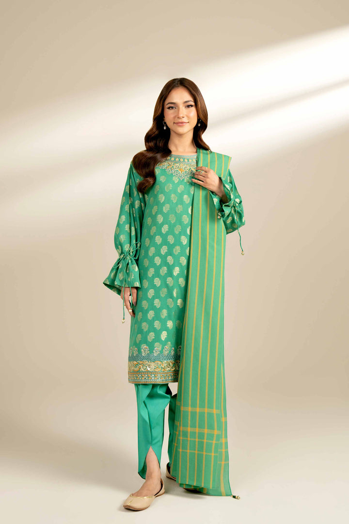 3 Piece Yarn Dyed Embroidered Suit Sea Green