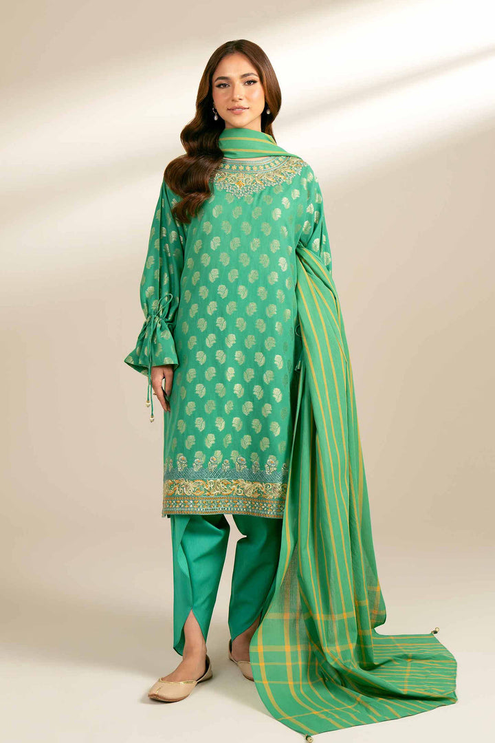 3 Piece Yarn Dyed Embroidered Suit Sea Green