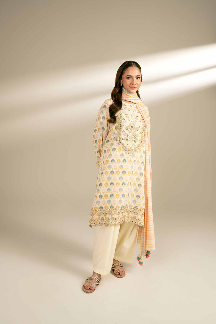 3 Piece Yarn Dyed Embroidered Suit Off White