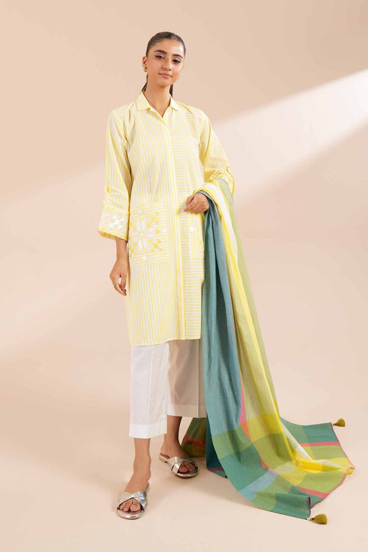 3 Piece Yarn Dyed Embroidered Suit Yellow