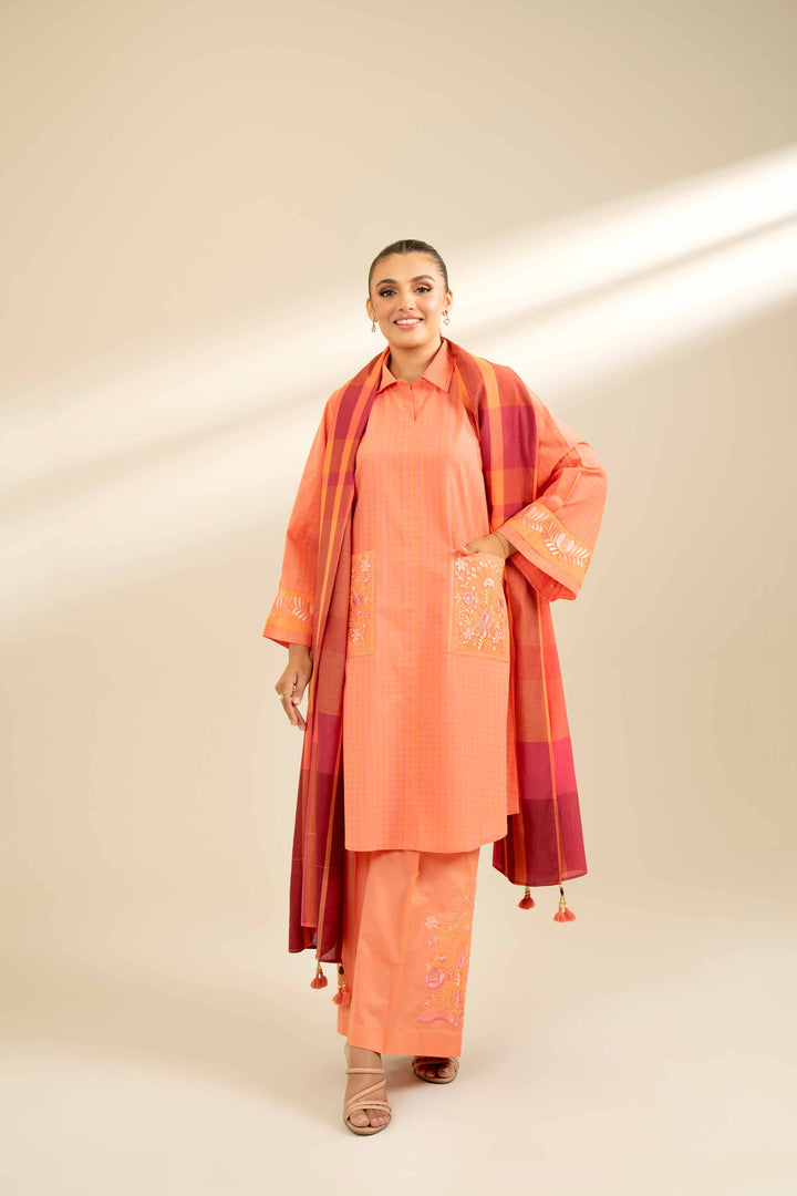 3 Piece Yarn Dyed Embroidered Suit Peach