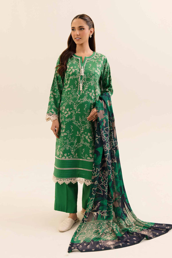 3 Piece Printed Unstitched Any Day Suit green