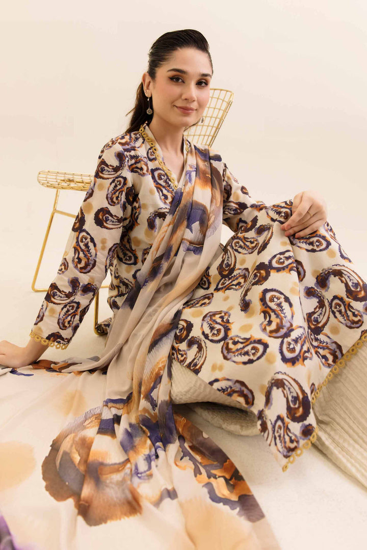 3 Piece Printed Unstitched Any Day Suit Beige