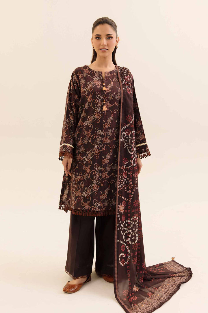 3 Piece Printed Unstitched Any Day Suit Dark Brown