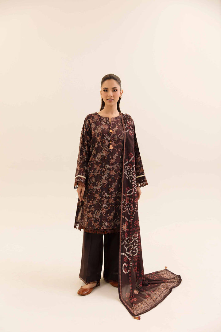 3 Piece Printed Unstitched Any Day Suit Dark Brown