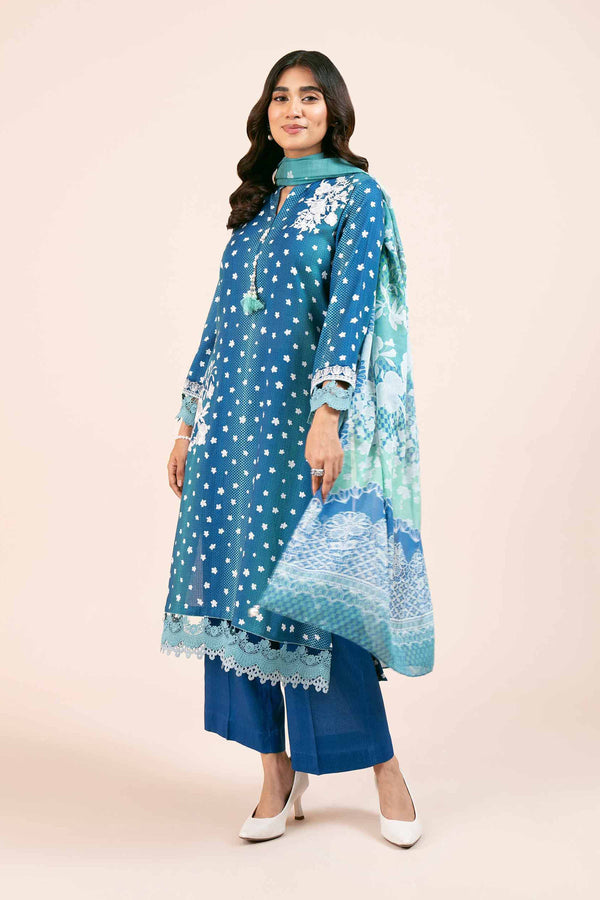 3 Piece Printed Embroidered Unstitched Any Day Suit Blue