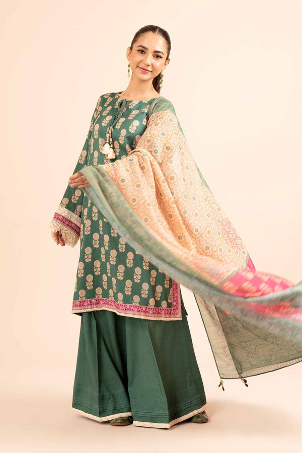 3 Piece Printed Unstitched Any Day Suit Dark Green