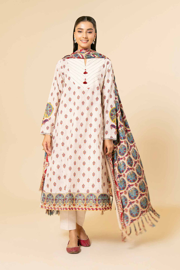 3 Piece Printed Embroidered Unstitched Any Day Suit beige