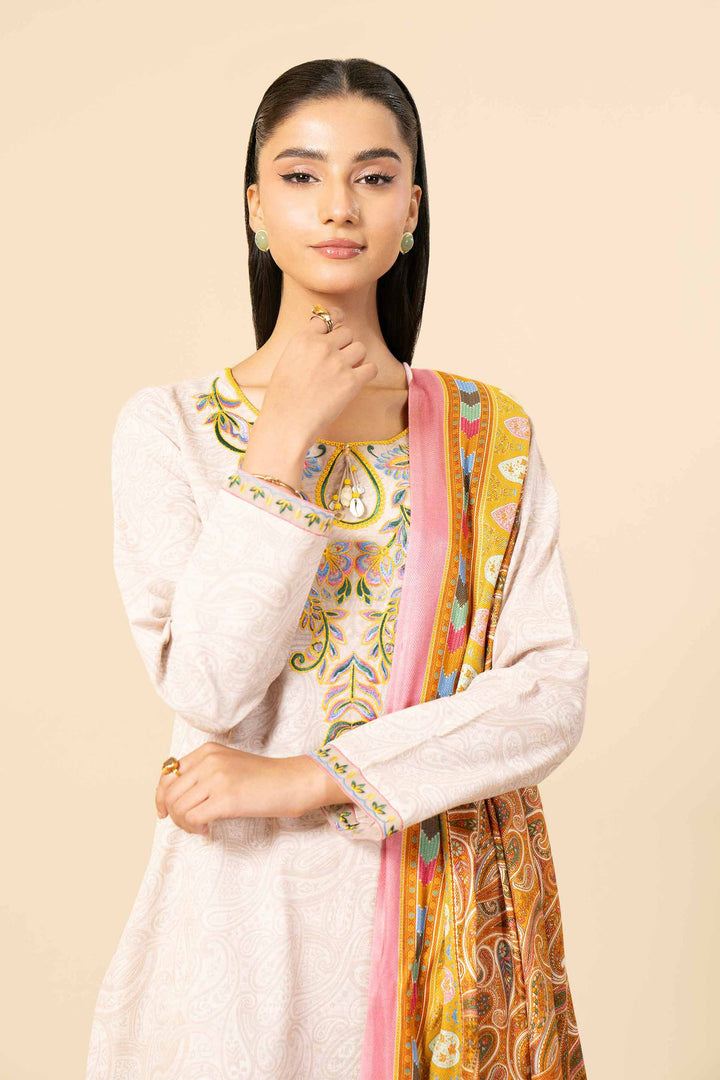 3 Piece Printed Embroidered Unstitched Any Day Suit Beige