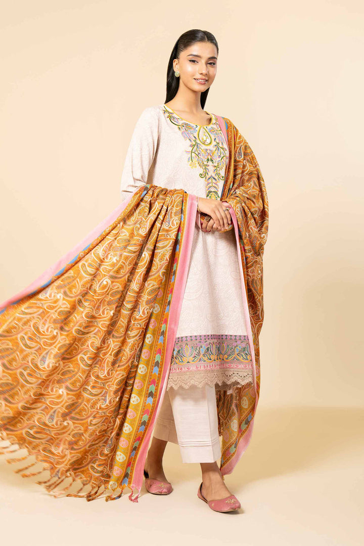 3 Piece Printed Embroidered Unstitched Any Day Suit Beige