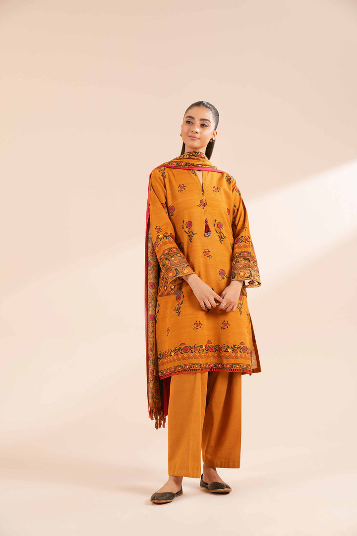 3 Piece Printed Embroidered Unstitched Any Day Suit Mustard