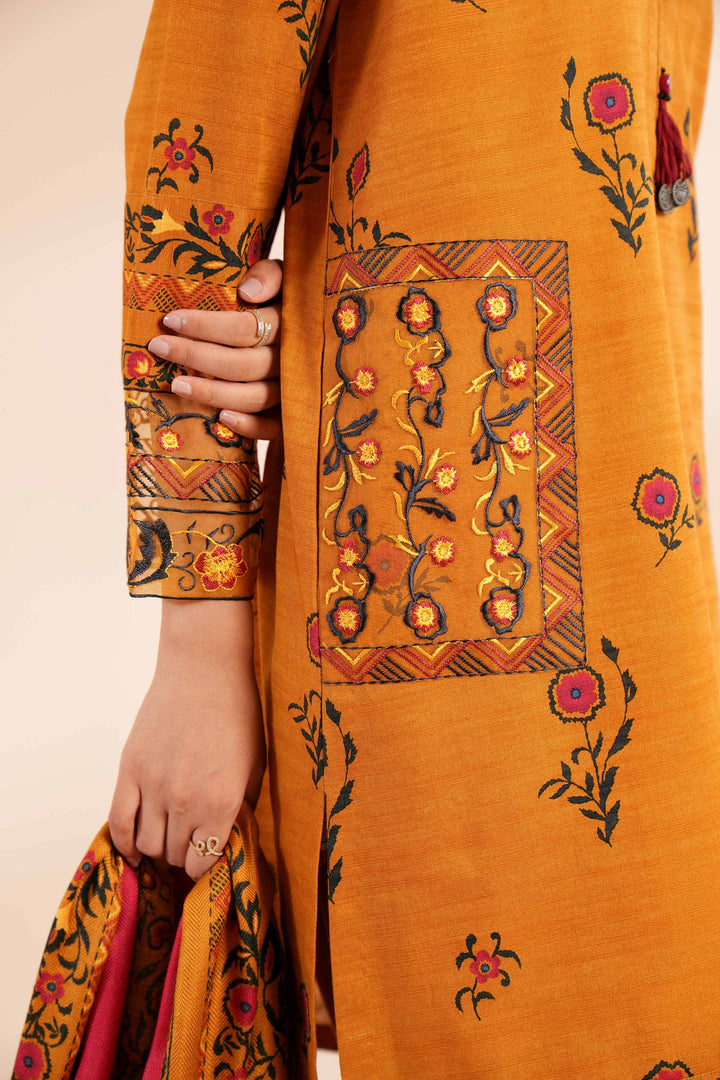 3 Piece Printed Embroidered Unstitched Any Day Suit Mustard