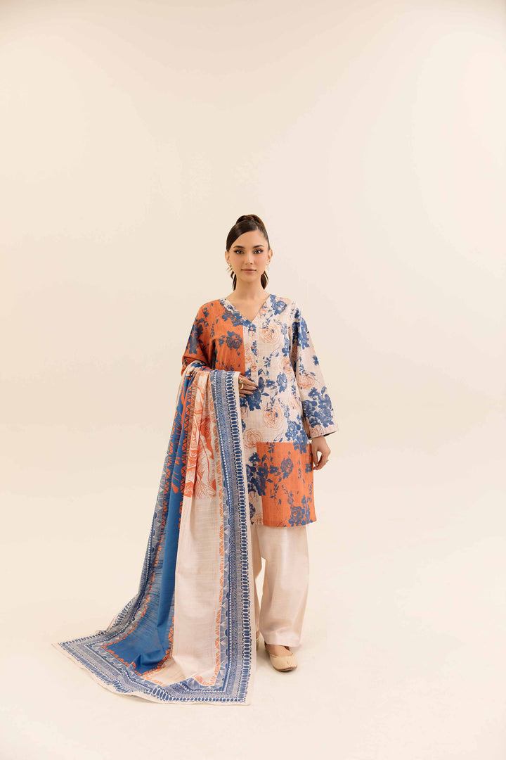 3 Piece Digital Printed Unstitched Any Day Suit Blue & Beige