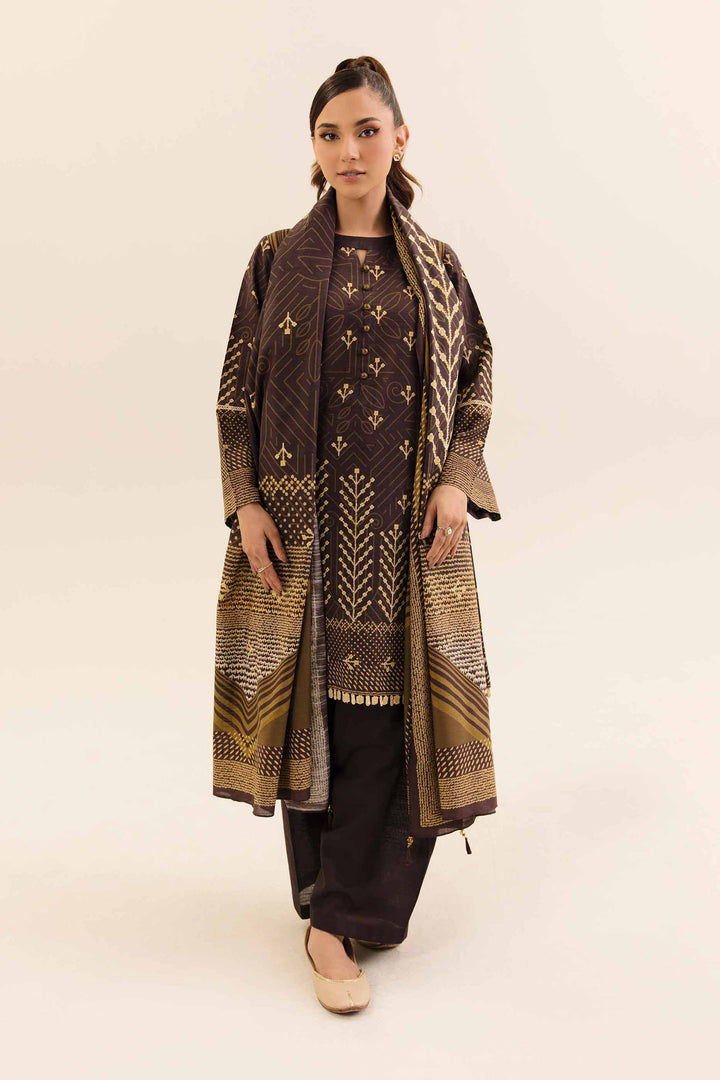 3 Piece Digital Printed Unstitched Any Day Suit Chocolate Brown