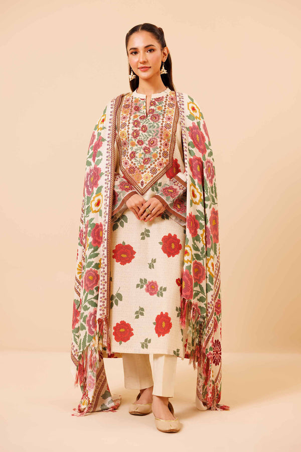 3 Piece  Printed Embroidered Winter Collection Suit  