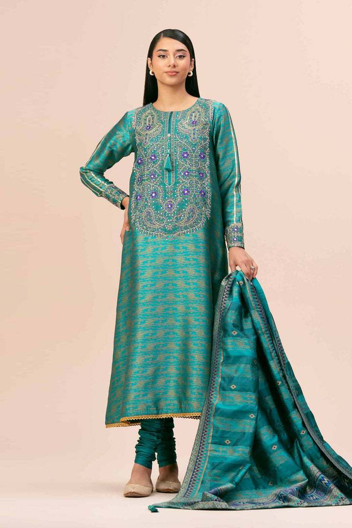 3 Piece  Yarn Dyed Jacquard Embroidered Winter Collection Suit  