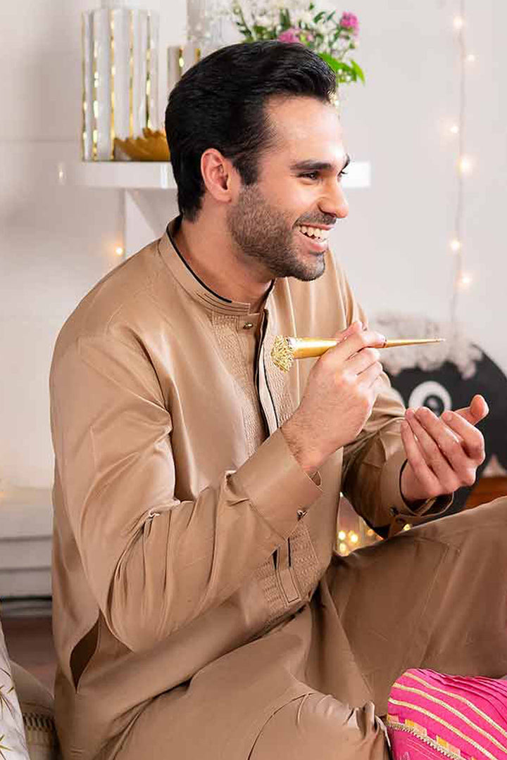 Embroidered 2 Piece Men Cotton Suit Coffee