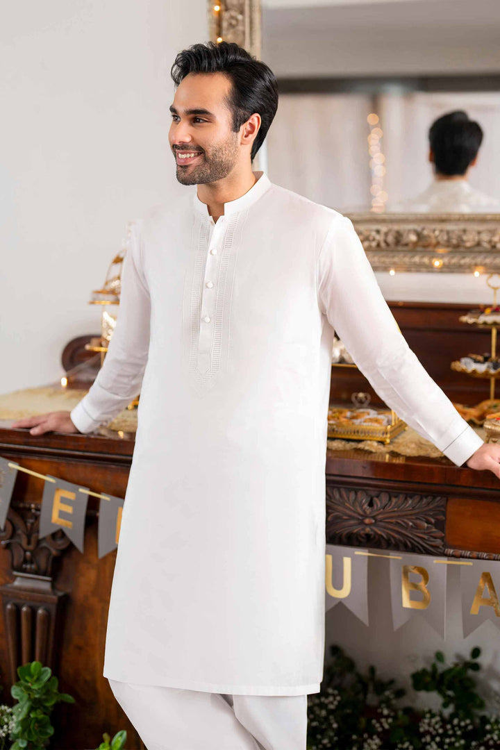 Embroidered 2 Piece Men Cotton Suit White