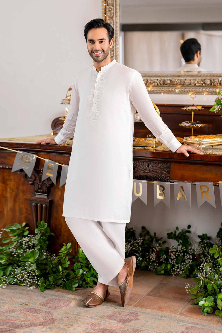 Embroidered 2 Piece Men Cotton Suit White