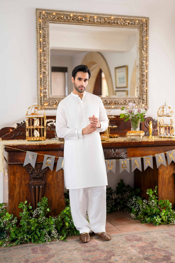 Embroidered 2 Piece Men Cotton Suit White