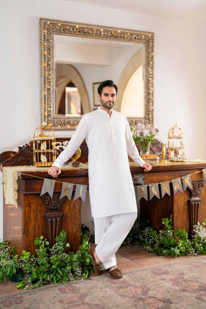 Embroidered 2 Piece Men Cotton Suit White