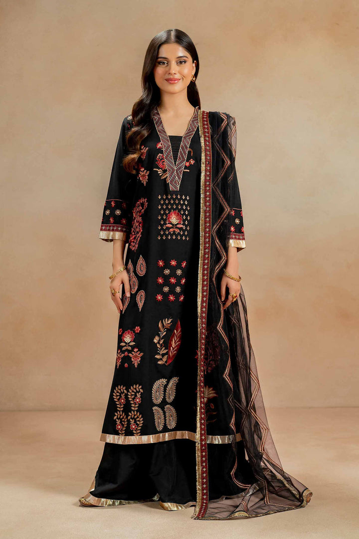 3 Piece Luxury Embroidered Suit Black