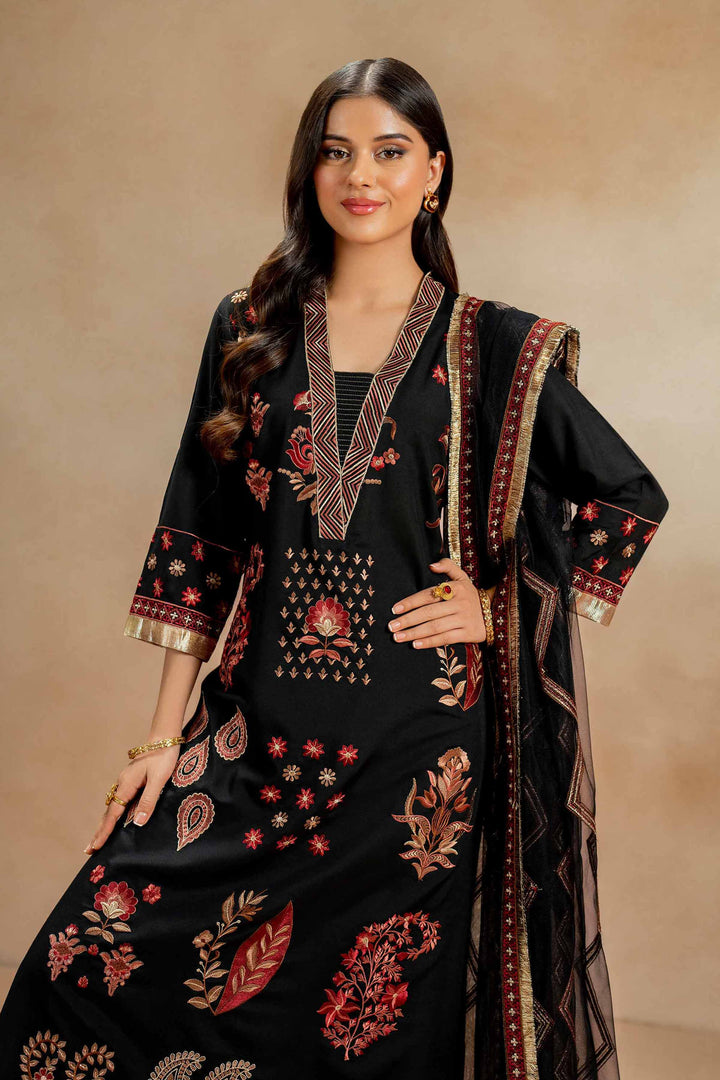 3 Piece Luxury Embroidered Suit Black