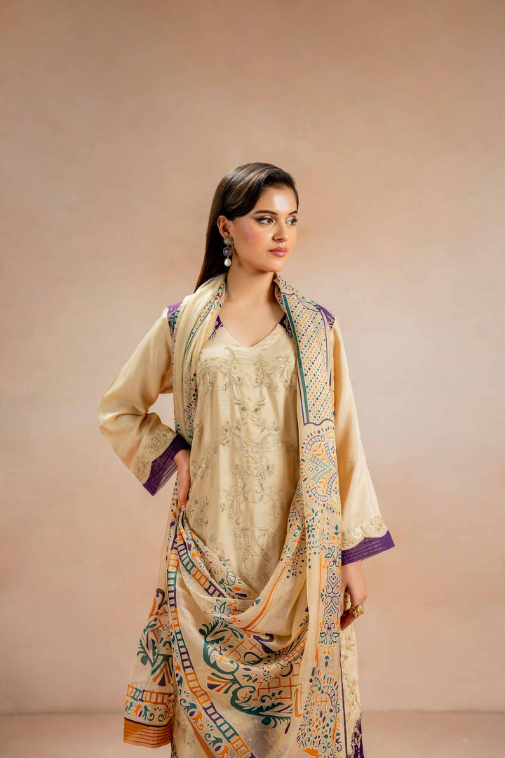 3 Piece Luxury Embroidered Suit Beige