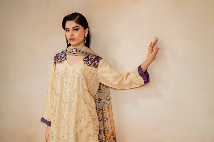 3 Piece Luxury Embroidered Suit Beige