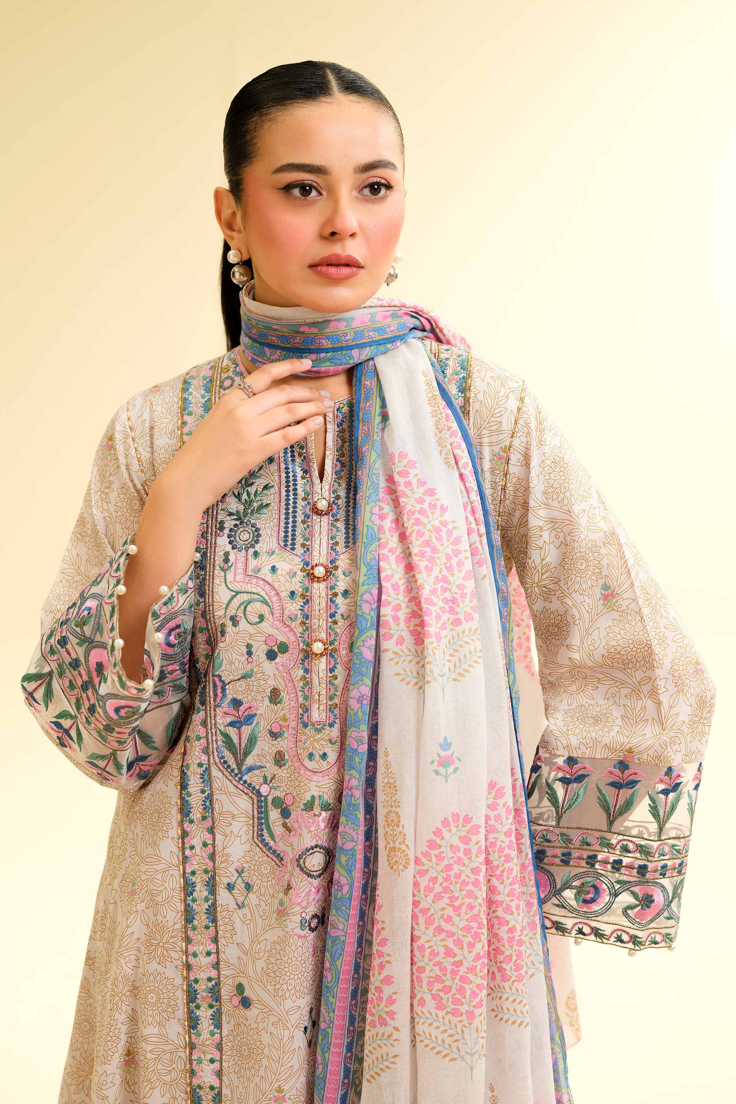 3 Piece - Gold Printed Embroidered Suit - 42501416 for Women - Unstitched Collection | Nishat | Shop Online